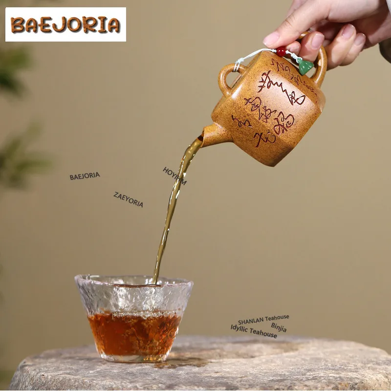 BAEJORIA 190ml Yixing Purple Clay Teapots Handmade Hexagonal Large Caliber Pot Raw Ore The Keel Gold Sand Kettle Zisha Gifts Cha