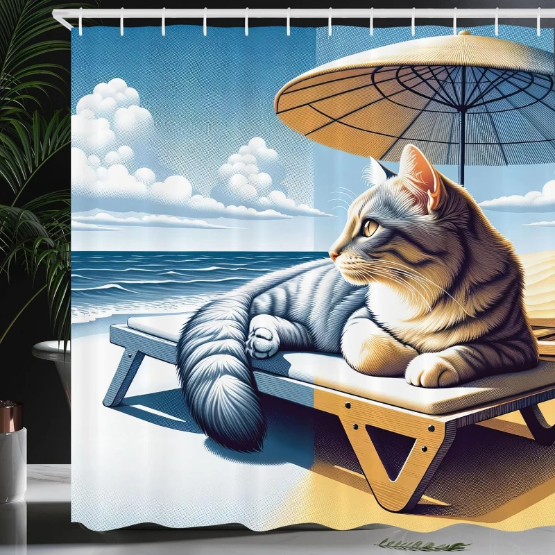 

Cat Shower Curtain, Sunbathing Kitten Seaside Sandy Shore Leisure Holiday Summer Coast Funny Animal, Cloth Fabric Bathroom Decor