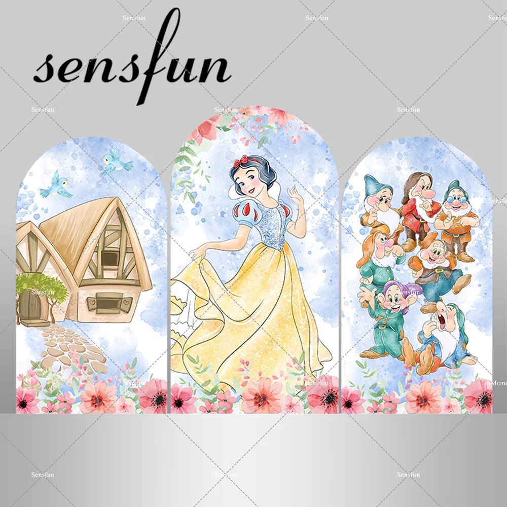 

Fairy Tale Princess Snow White And The Seven Dwarfs Arch Backdrop Cover Girls Birthday Party Photography Background Doubleside