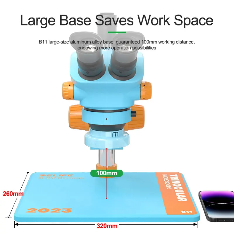 RELIFE RL-M5T-B11 0.7-5.0 z ciągłym zoomem trójokularowy mikroskop HD z duża podstawka konstrukcją telefonu PCB elektroniczny mikroskop naprawczy