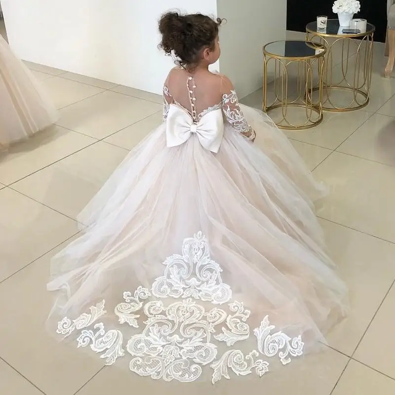 Vestido de dama de honra com grande arco para meninas, vestido de baile infantil, festa de casamento, concurso, vestido de primeira comunhão, branco, mangas compridas