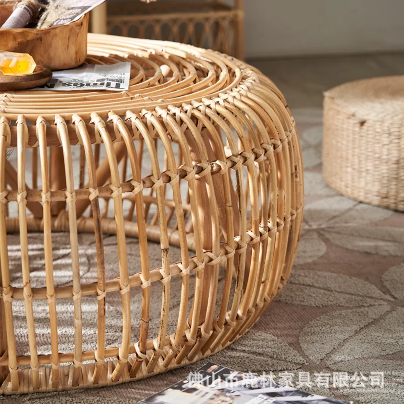 Japanese-Style All-Rattan Tatami Round Coffee Table Set – Minimalist Modern Living Room Home Side Table