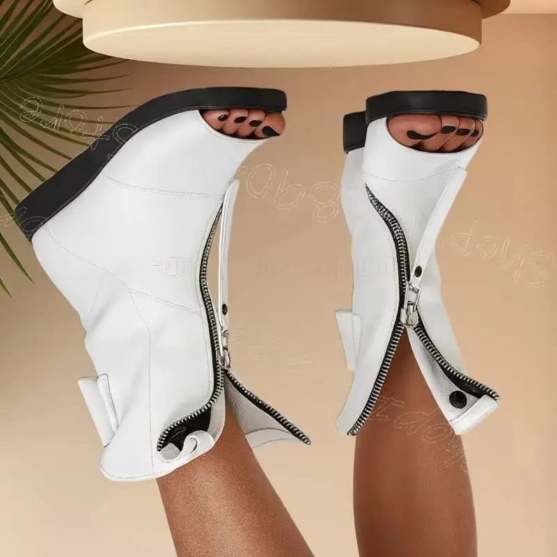 

Metal Zipper White Open Toe Sandals Boots Front Zipper Women Shoes Low Top Fashion Party Feast Dating 2026 Zapatos Para Mujere