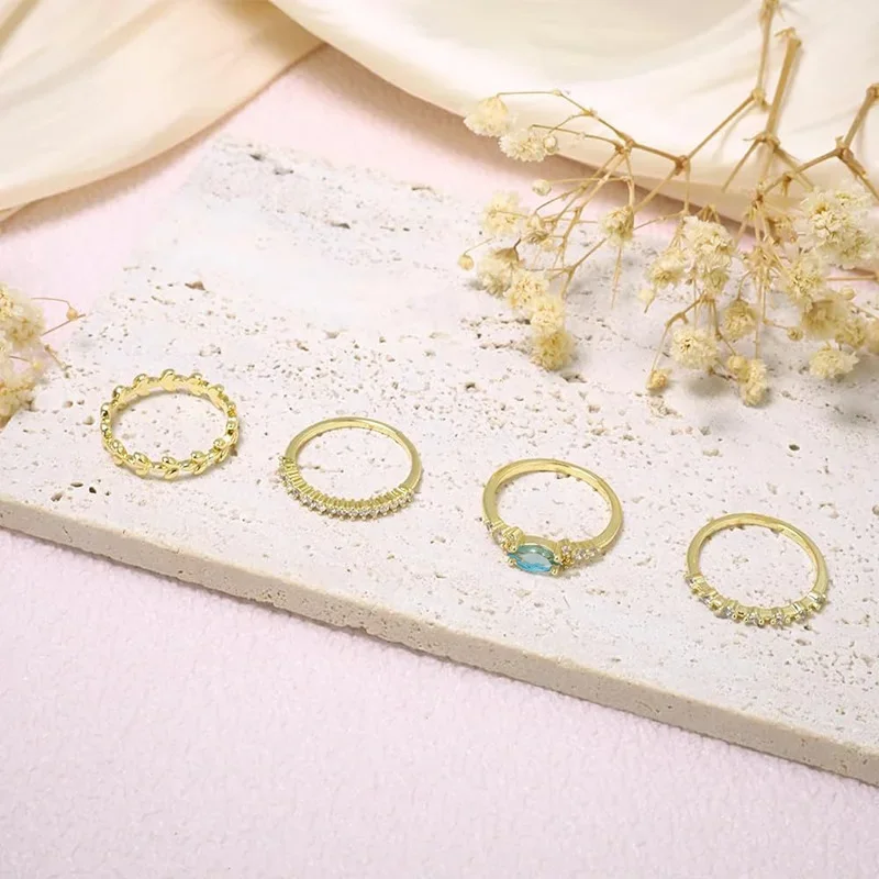 4-piece Ring Set, Niche Design, Light Luxury, Luxurious Zircon Water Droplet, Horse Eye, Dazzling Banquet Geometric Accessories
