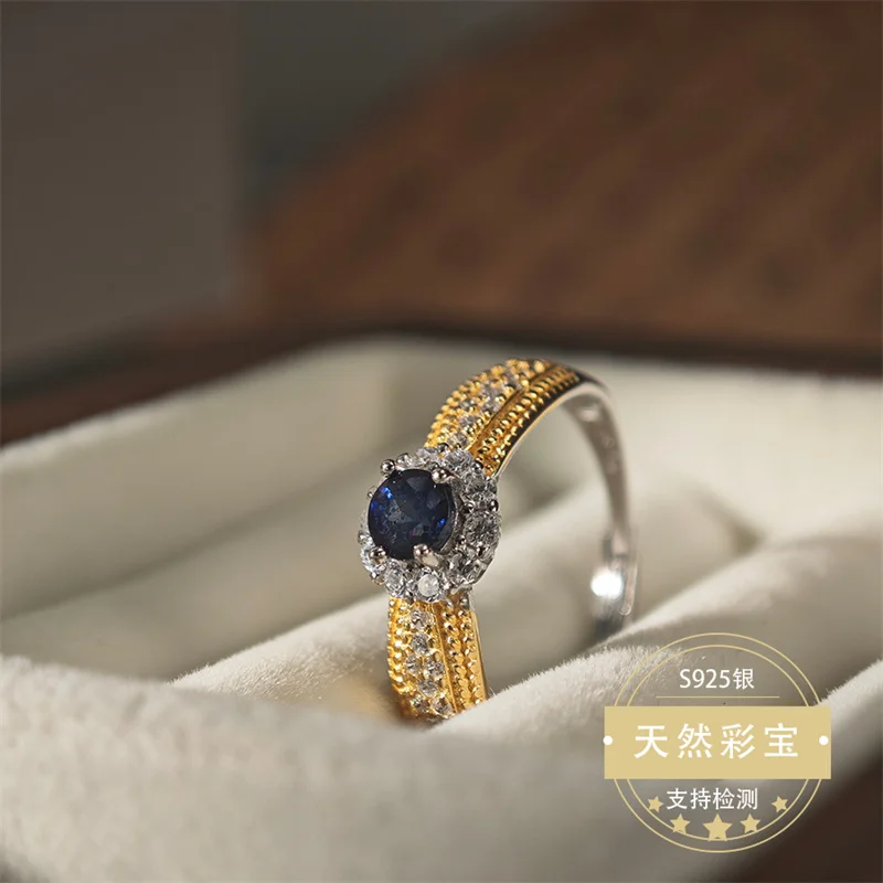 Original 925 Sterling Silver Natural Sapphire Wedding Resizable Size Ring for Women Fine Jewelry