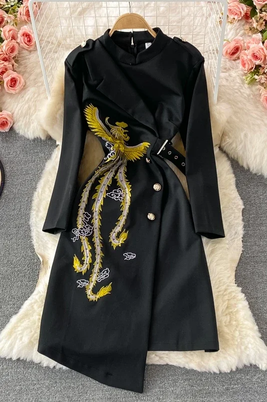 Fashion Vintage Embroidery Irregular Button Women Dress Stand Collar Long Sleeve Slim Robe With Belt 2024 Chic Vestidos Mujer