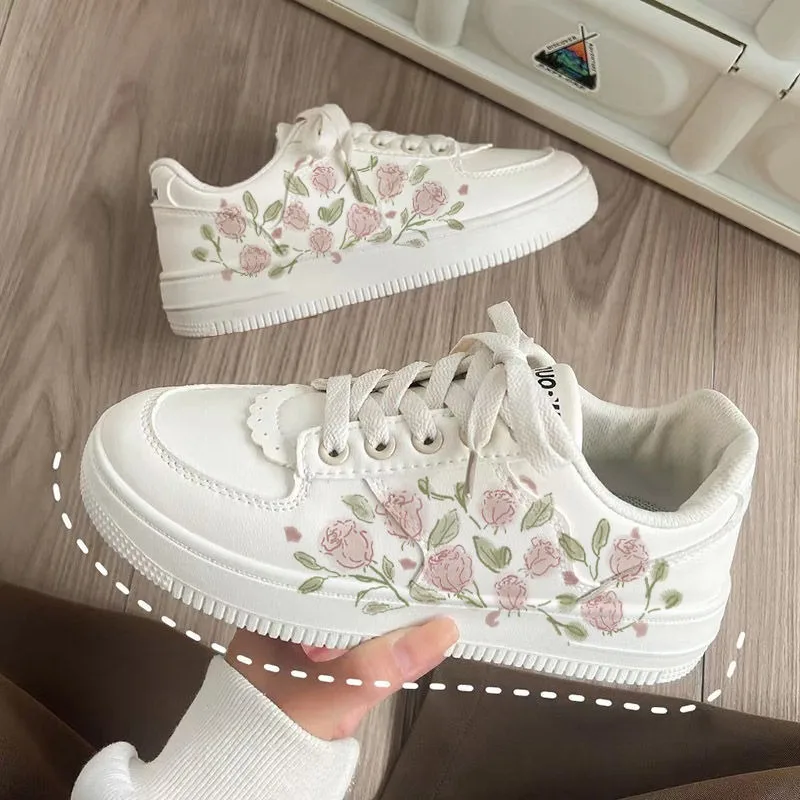 

SHANPA Flower Graffiti Sneakers Women Niche Low-top PU Leather Womens Sports Shoes Y2k Print Casual Versatile Female Shoes