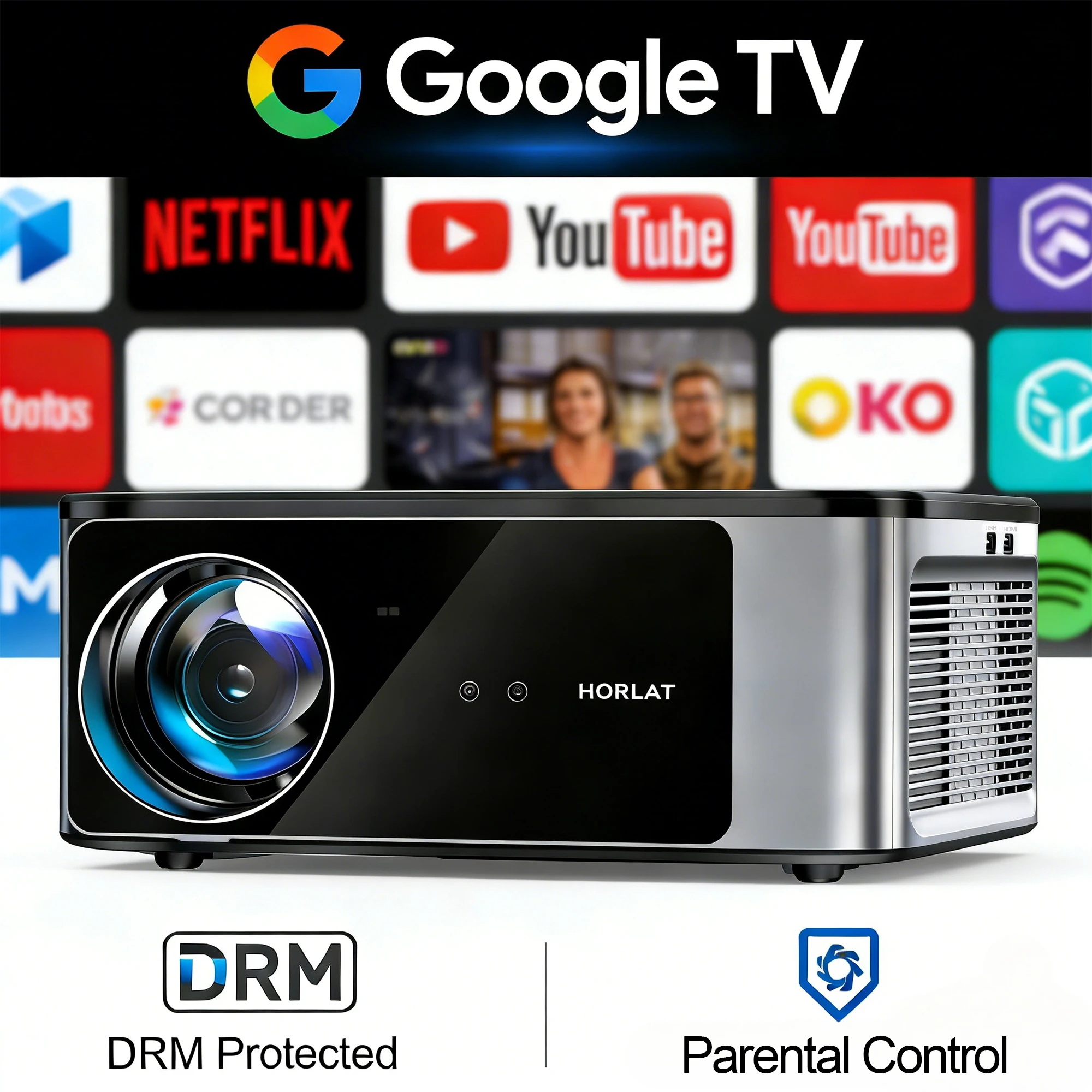 HORLAT Google TV Android 14 Projector 3200ANSI Lumens Auto Focus WiFi 6 3D Full HD 1080P 4K Support Smart Home Theater Projector
