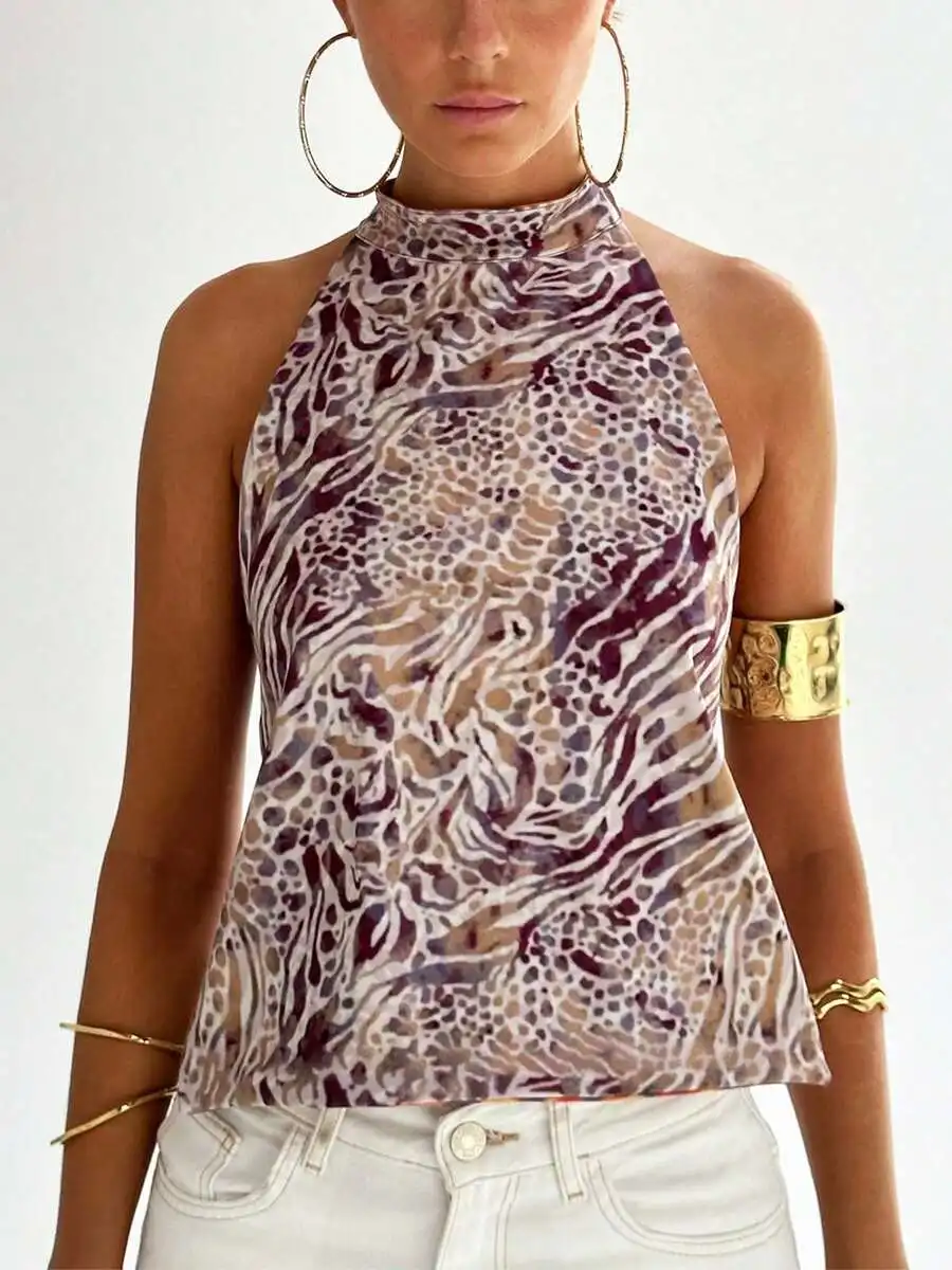 

Women Halter Mock Neck Sleeveless Crop Top Animal Print Summer Party Top