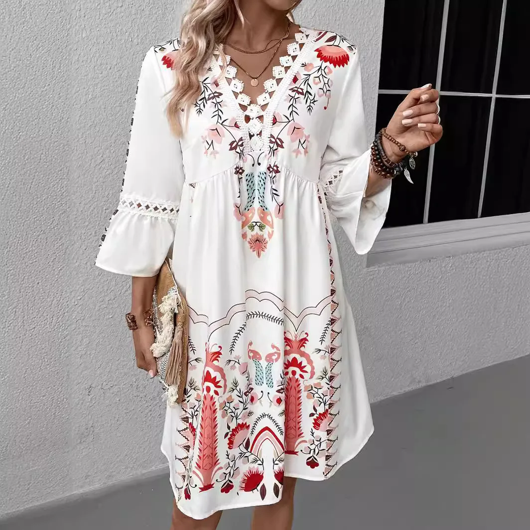 Vintage Print Seven-quarter Sleeve Dresses Women Elegant Lace Decoration V Neck Pullover Dress Summer Casual Female Gown 2024