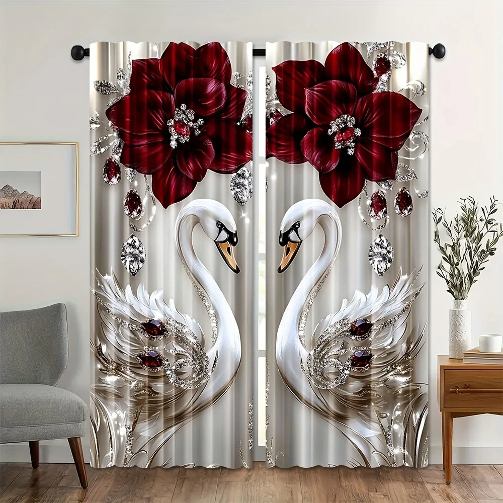 Ornate Swan Curtains Polyester Light Filtering Panels for Bedroom Living Room Luxury Red Floral Jewel Pattern Home Window Decor