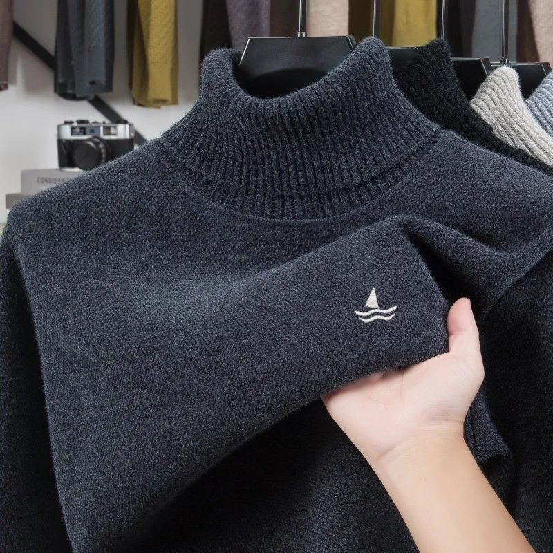 Advanced trend knitted high neck sweater men's luxury brand soft comfort plush warmth new sailboat embroidery casual pullover