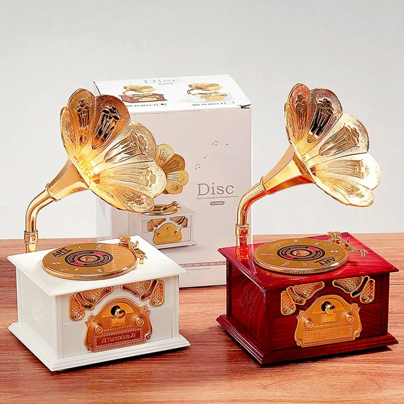 European-style Creative Gramophone Model Music Box Retro Music Box Record Home Living Room Bar Office Decoration Gift Ornaments