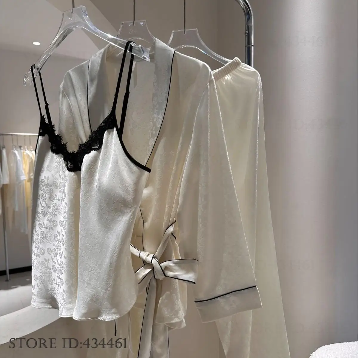 Elegant French Pajamas 3PCS Set Exquisite Jacquard Long Sleeve Cardigan Cami Trouser Suits Spring Summer Nightwear Homewear