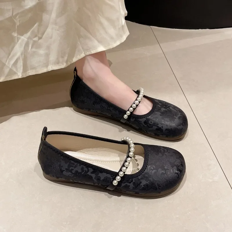 2024 Spring and Autumn New Round Toe Shallow Mouth Oxford Shoes Pearl Decoration Casual Dress Shoes Large Size Zapatillas Mujer