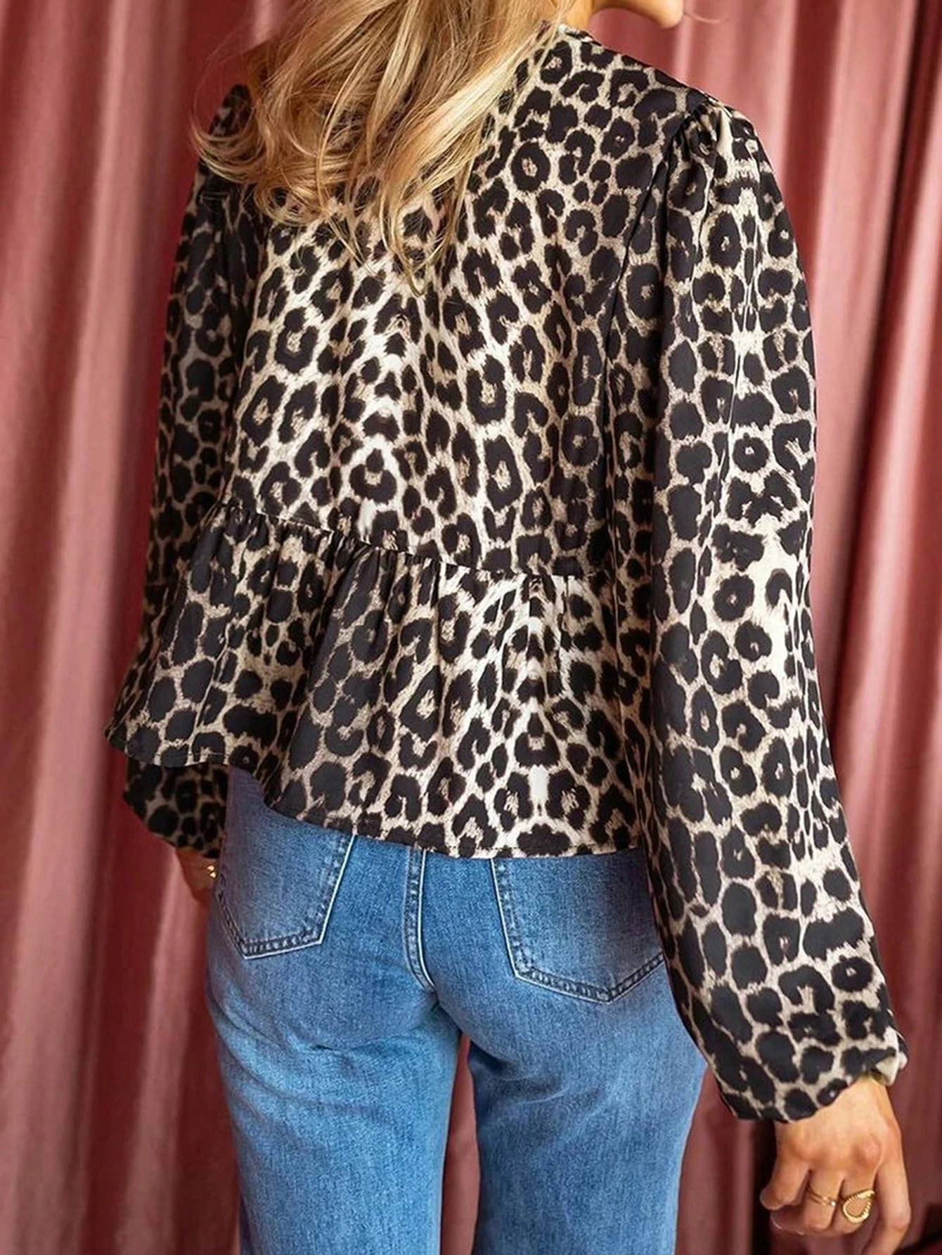 Herbsthemden 2025, schicke Damen-Hemden mit Leopardenmuster, Schnürung, langen Ärmeln, Rundhalsausschnitt, Volant, High Street-Hemden