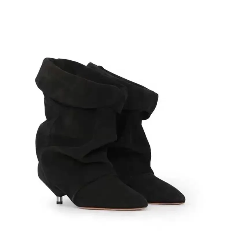 2024 Autumn/Winter New Women\'s Thin Heel Short Boots Fashion Pointed Wide Tube Folded Stacked Boots Women\'s Large Ankle Boots