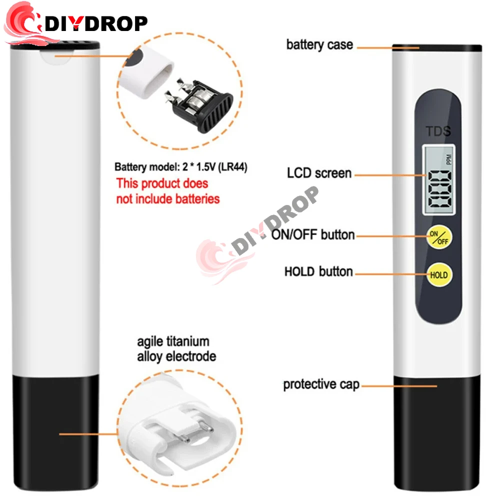 TDS Meter Digital Water Tester 0-9990ppm Drinking Water Quality Analyzer Monitor Filter Rapid Test Aquarium Hydroponics Pools