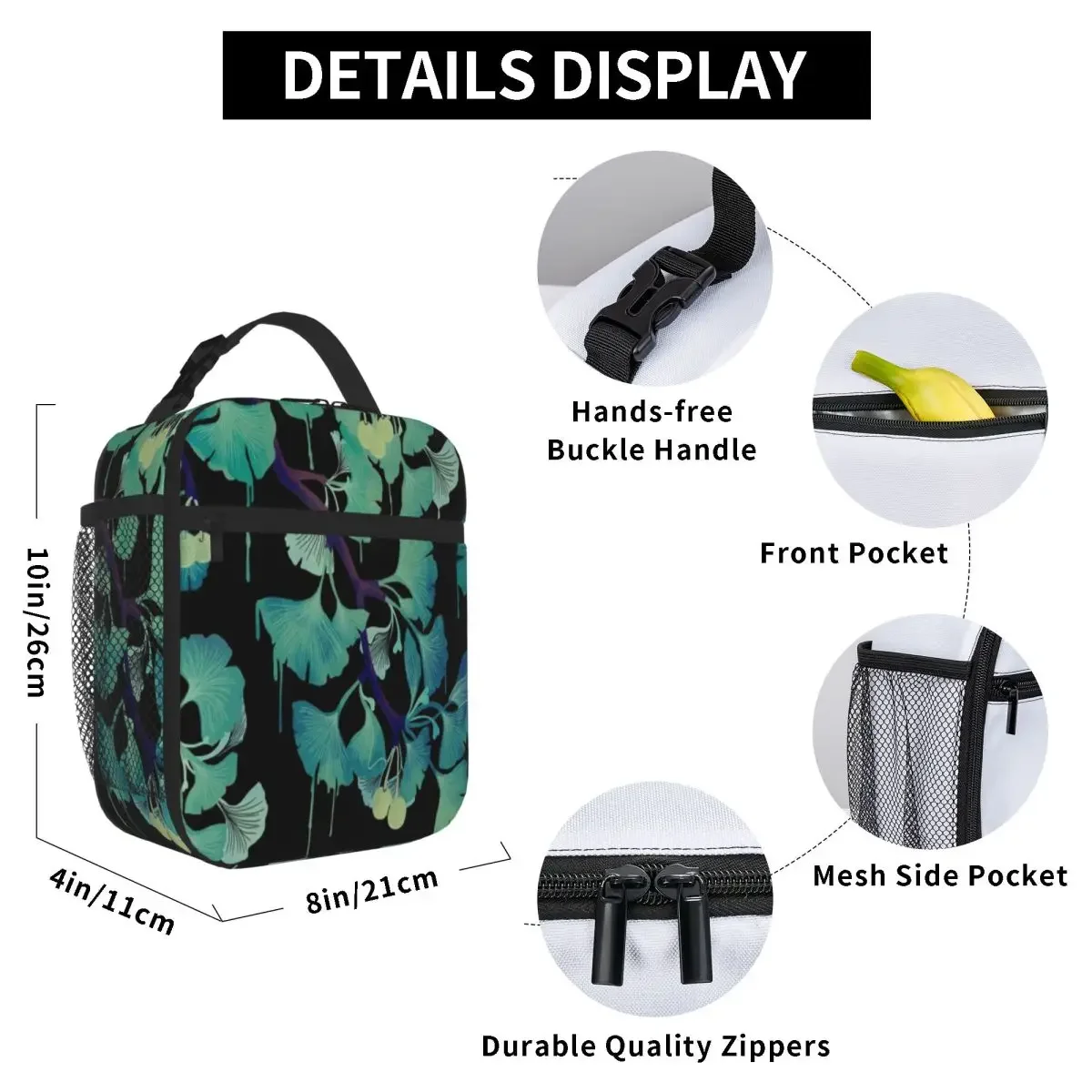 Hot Sale O Ginkgo (on Black) Matte Finish Insulated Snack Tote Daycare Meal Foldable Lunch Bag