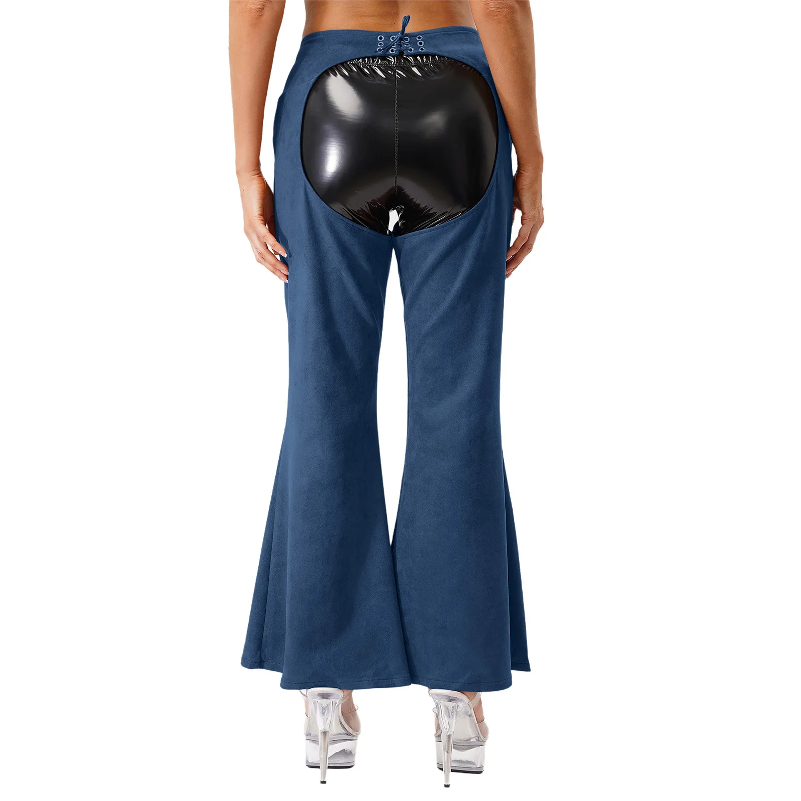 Womens Vintage Western Cowgirl Chaps Pants Adjustable Waist Hollow Out Cowboy Biker Pants Wide Leg Long Pants for Motorcycle