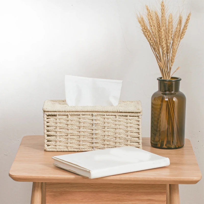 3X Rattan Tissue Box, Vintage Napkin Holder, Case Clutter Storage Container Cover, Living Room Desk Decoration (Beige)