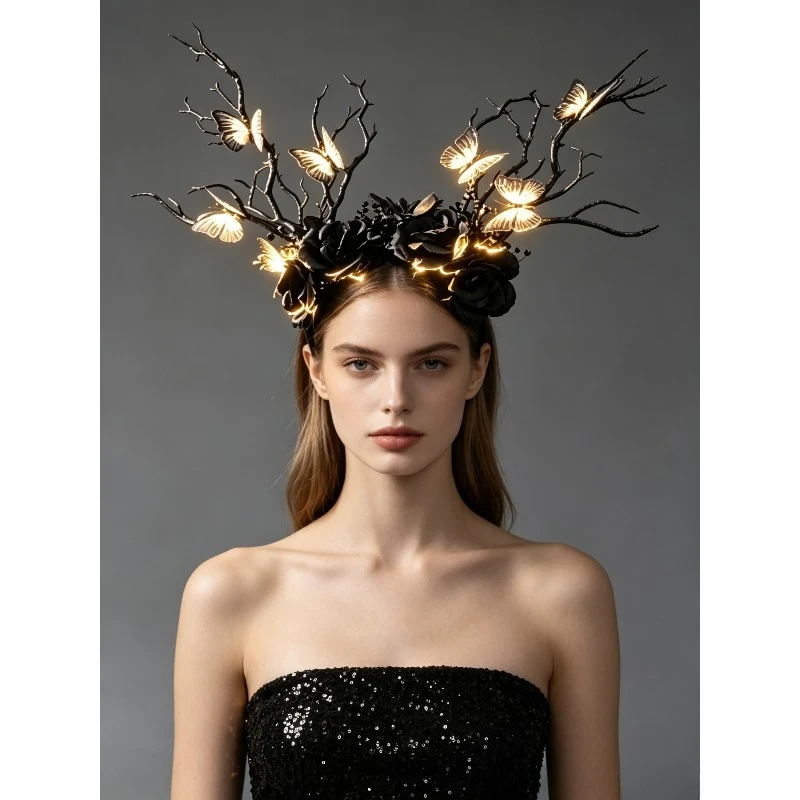 LED Glowing Butterfly Branch Horn Headband–Gothic Day of the Dead Crown, Light Up Forest Headdress for Halloween Costume&Cosplay