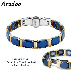 ARADOO Blue Ceramic Titanium Steel Bracelets Hematite Magnetic Strap Buckle Design Power Wristband for Women Men
