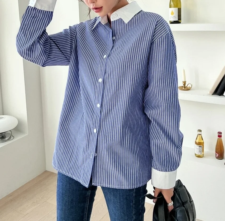 Women shirt Striped long-sleeved shirt with color contrast striped printed front button shirt comfortable casual wear everyda