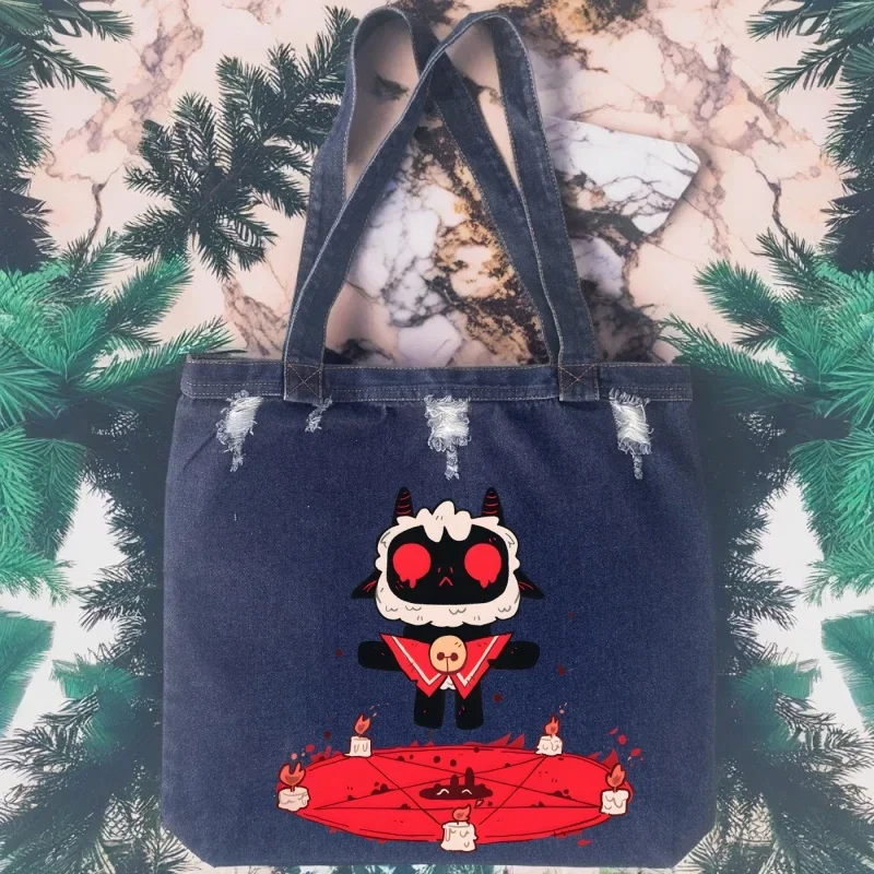 

Cartoon Cult of The Lamb Cartoon Video Game Unisex Denim Tote Handbags Large Capacity Lightweight Shopping Underarm Bags