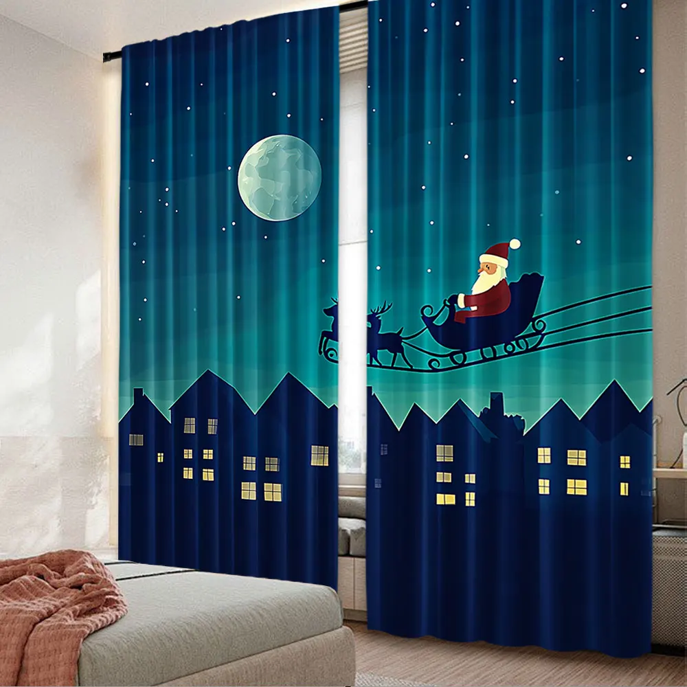 2Pcs Christmas Village Curtains Blue Full Moon Night Flying Reindeer Pulled Santa Claus'S Sleigh Suitable For Bedroom Living