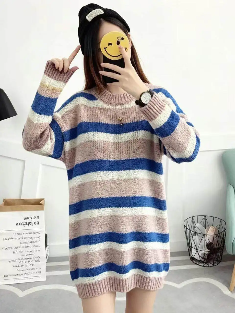 Soft Cozy Zebra Pattern round Neck Knitted Sweater Women's Loose Long Autumn Winter Fashion Minimalist Style Knitwear