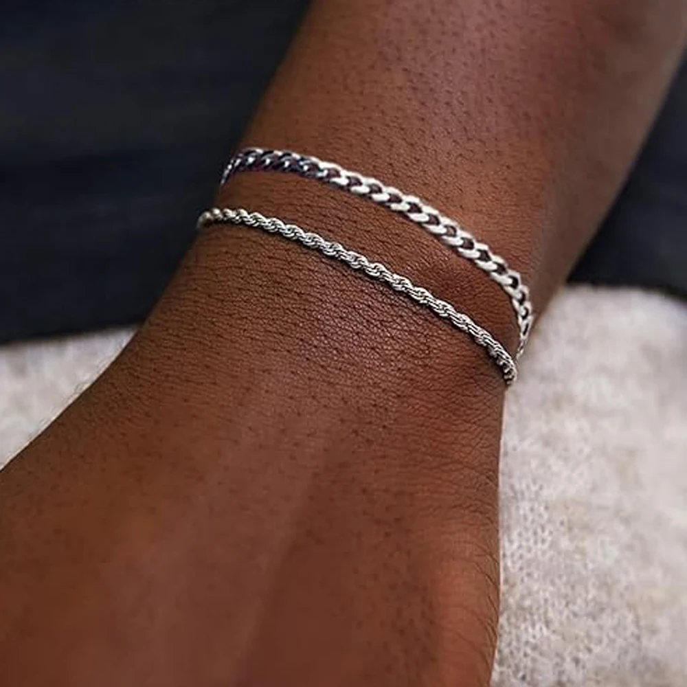 1 or 2 Pcs Chain Bracelet for Men 925 Sterling Silver Stainless Steel Bracelets Rope Cuban Link Bracelet Set for Men Dad Husband