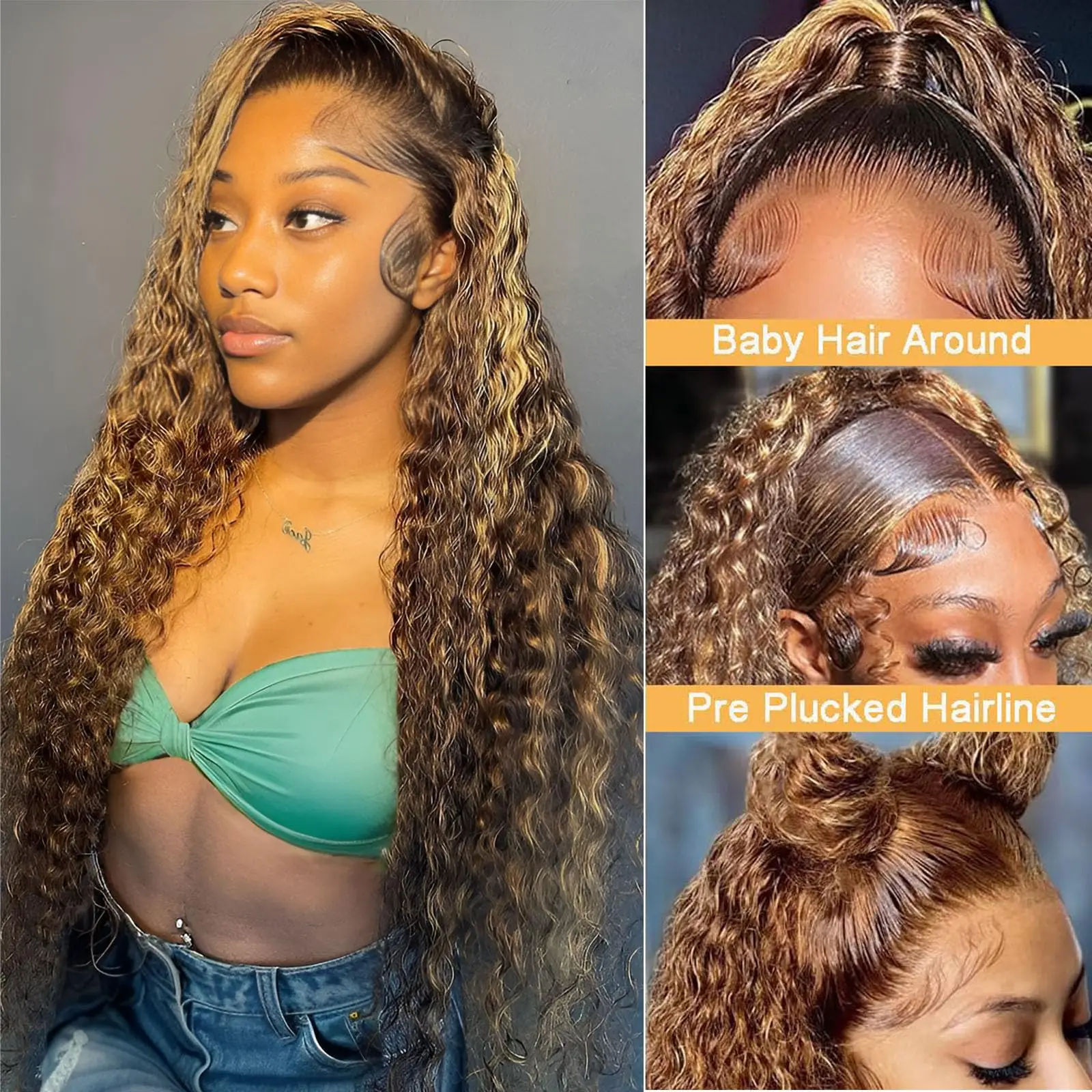 4/27 Highlight Ombre Deep Wave Lace Front Wigs Human Hair 13x4 180% Density Glueless HD Transparent Lace Front Wigs 26 Inch