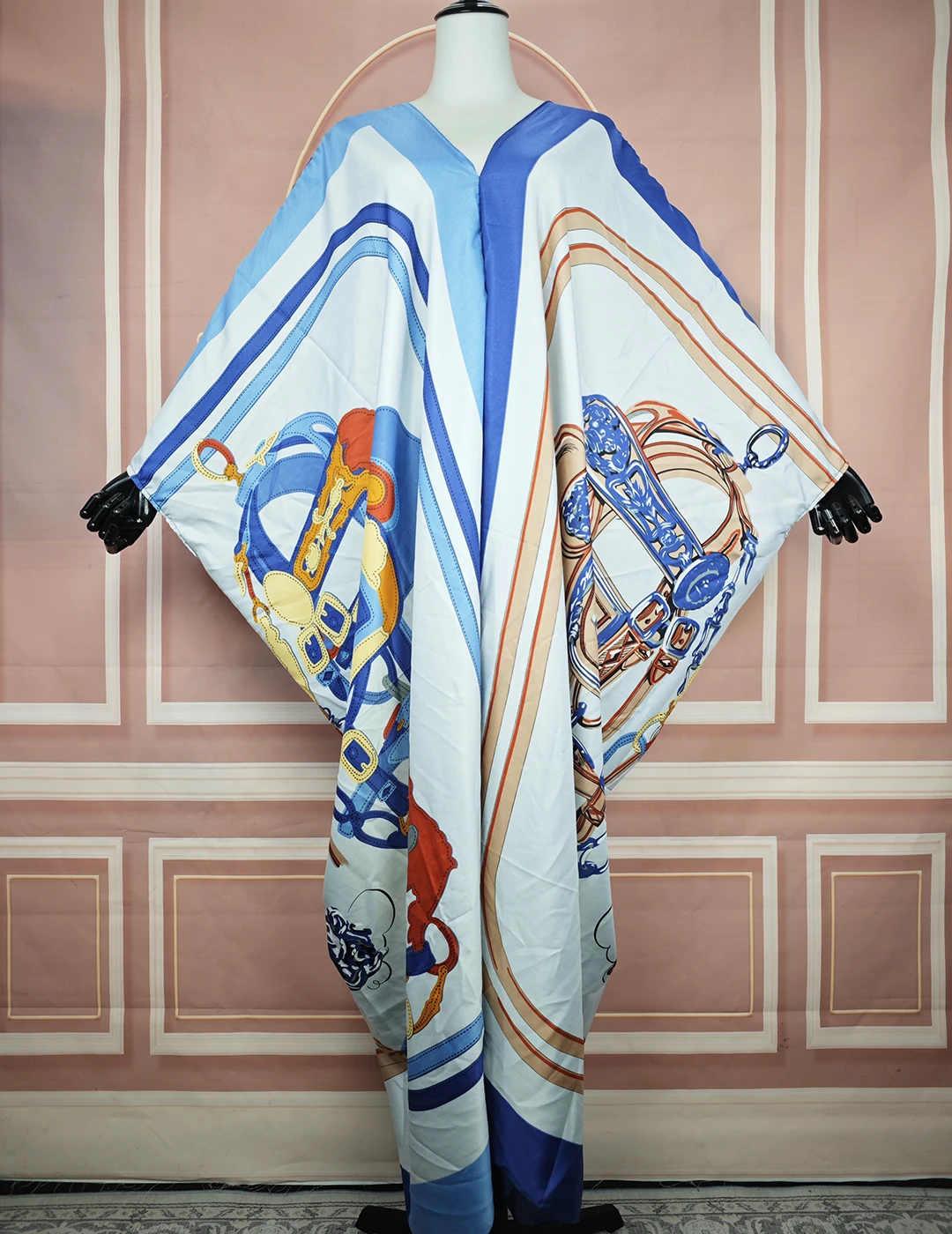 Vestido largo caftán de sarga de seda estampado a la moda de Kuwait, ropa informal bohemia de verano para playa, caftán suelto con cuello en V, Abaya musulmana elegante