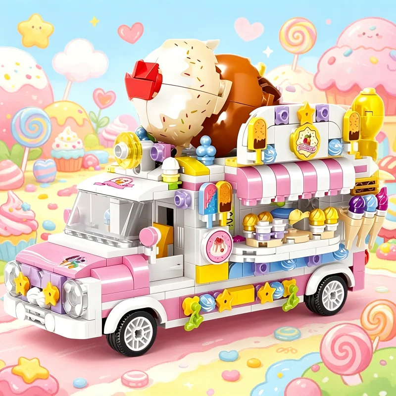 

Colorful Sweet Ice Cream Van Construction Blocks, Lovely Dessert Truck Model Home Desk Display Ornament