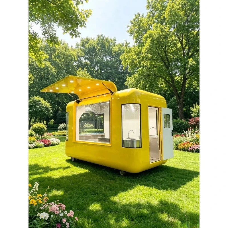 Container Factory Yellow Steel Electric Flip Wing Mobile Food Trailer Creative Street Food Kiosk for Hotel Use