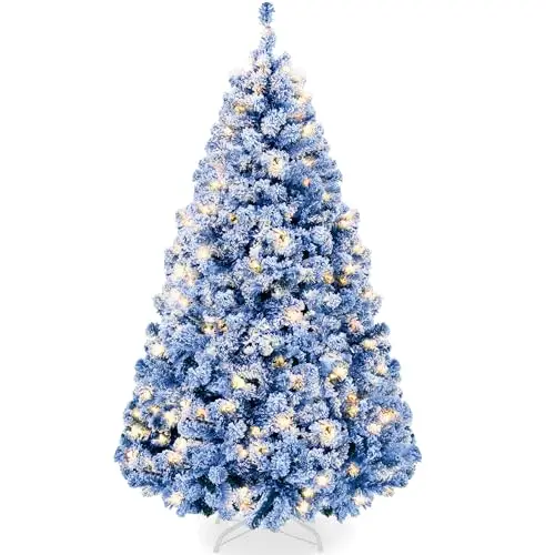 Artificial Flocked Christmas Tree, 6ft Premium Pre-Lit Colorful Pine Holiday Décor w/250 Twinkle Lights, Metal Base