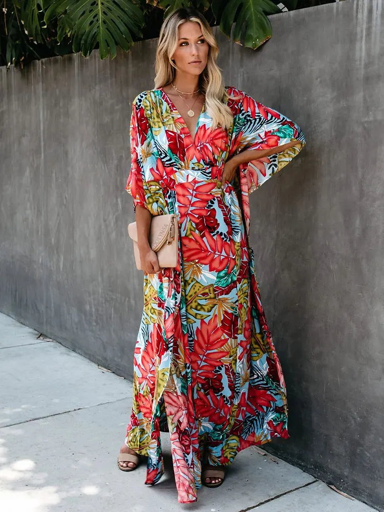 Bohemian Printed Kaftan Women Beachwear Tunic Beach Cover up Saida de Praia Swimsuit Bikini Cover-ups Pareo Sarong #Q944