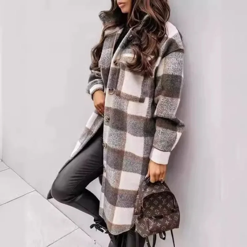 Medium and Long Woolen Coat Jackets Spring and Autumn Shirt Wool Coats Women\'s Plaid Polished Long Sleeve Pockets Blends Outwear