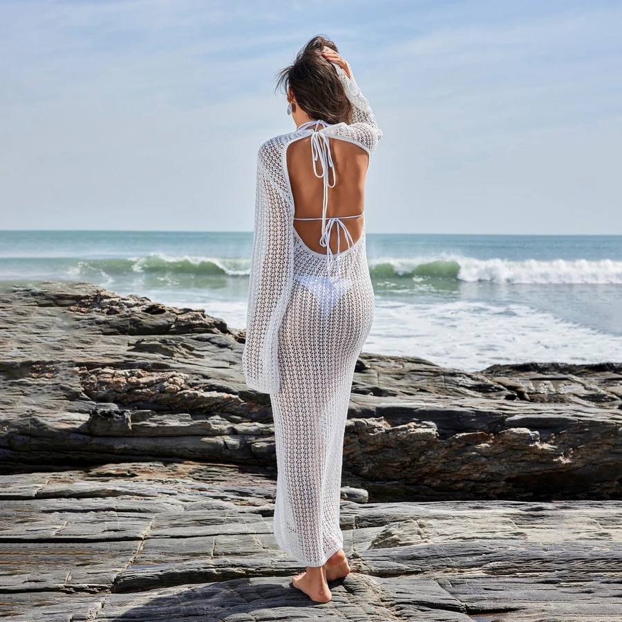 Para Praia-Robe de plage longue ajourée, sexy, cover-up pour les maillots de bain, vêtements de plage pour femmes, 2025