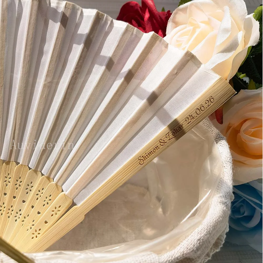 20/50 Laser Engraving Hand Folding Fan Personalized for Wedding Bamboo Fabic Handheld Fans for Party Favors Bridal Shower Decor