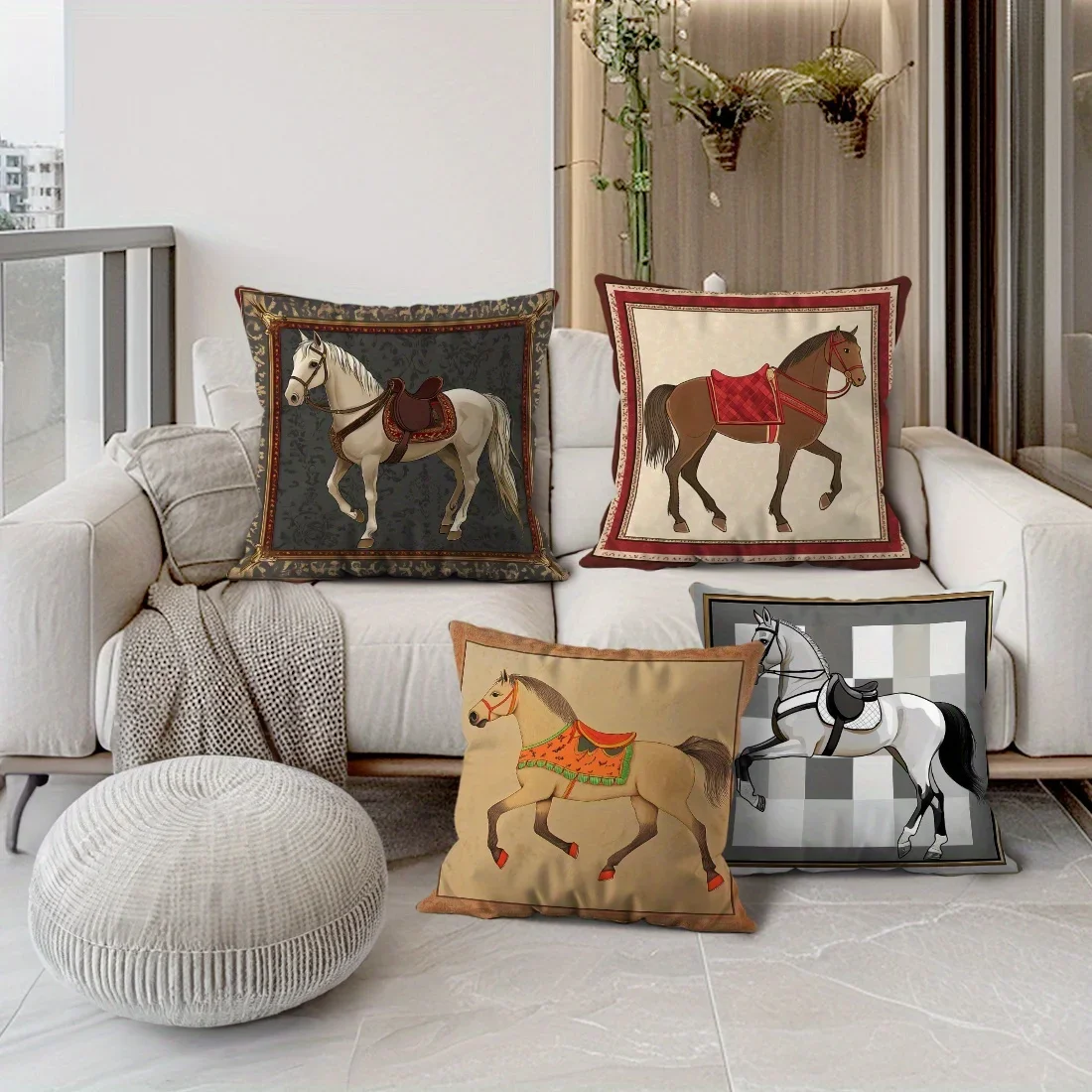 Set of 4 Decorative Throw Pillow Covers Featuring Equestrian Horse Artwork for Living Room Decor