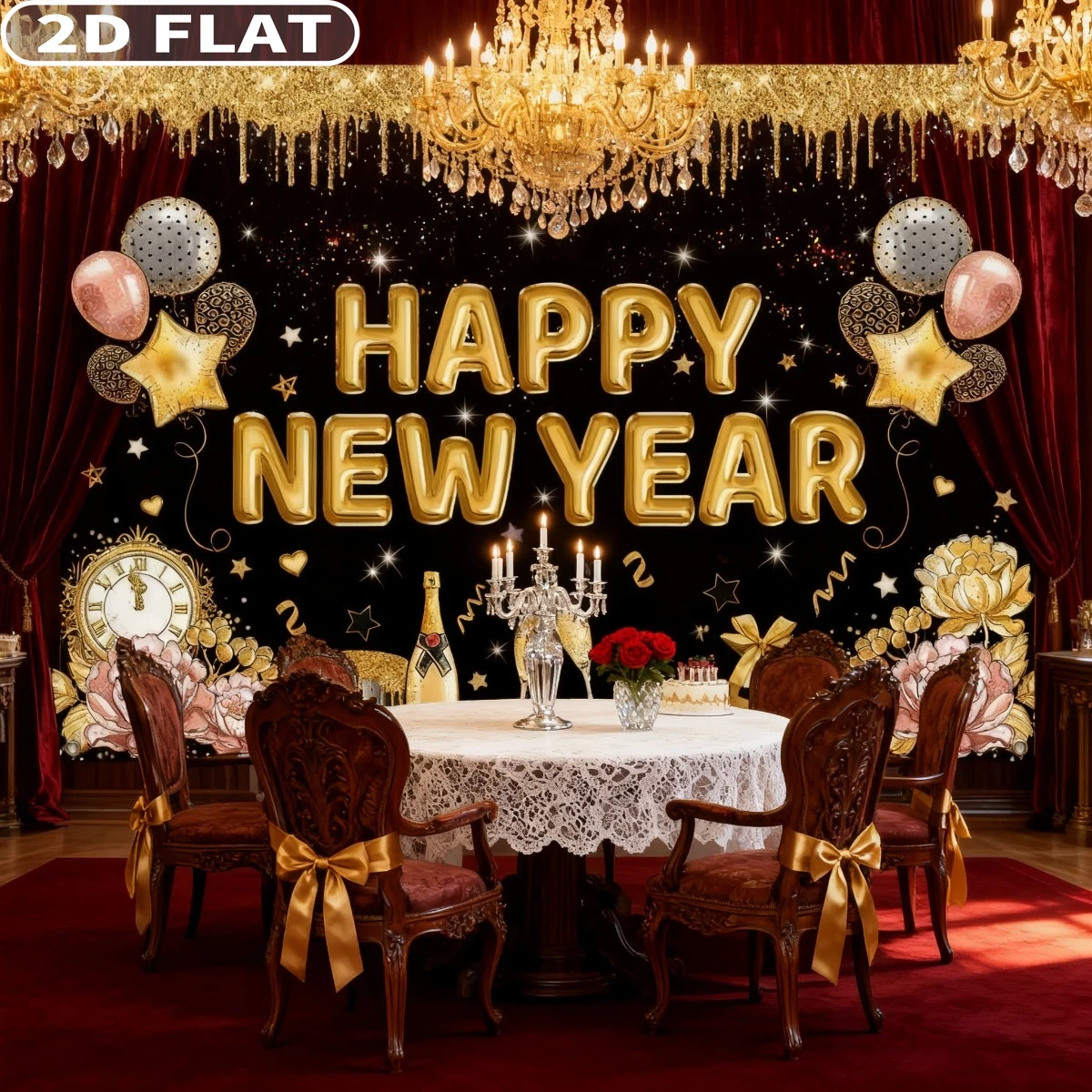 

2D FLAT 1pc Happy New Year Tapestries Banner Backdrop For New Years Eve Party Supplies 2026 7x5ft Black And Gold Happy New Year