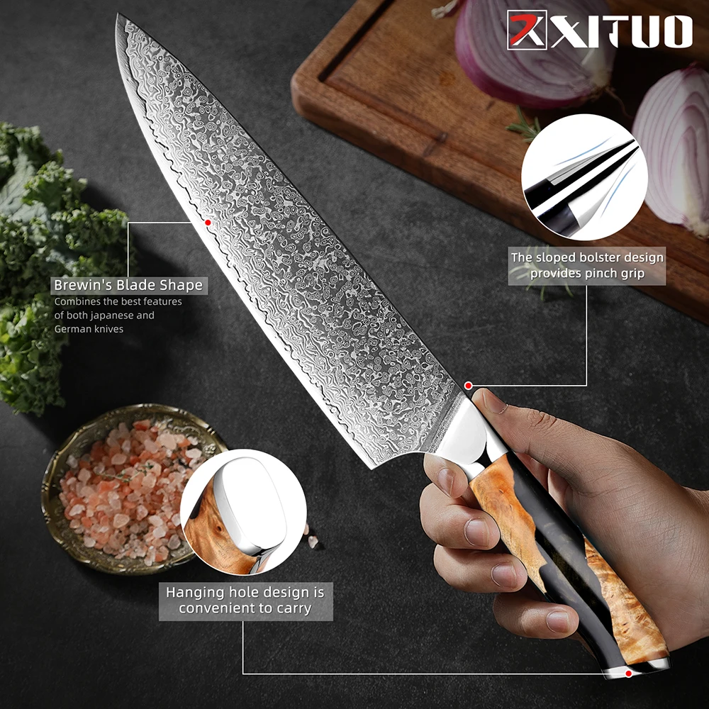 Damascus Knife Set 1-7 PCS,Razor Sharp Kitchen Knives Japanese Damascus Steel Well-Balanced Chef Knife Set Resin Wooden Handle