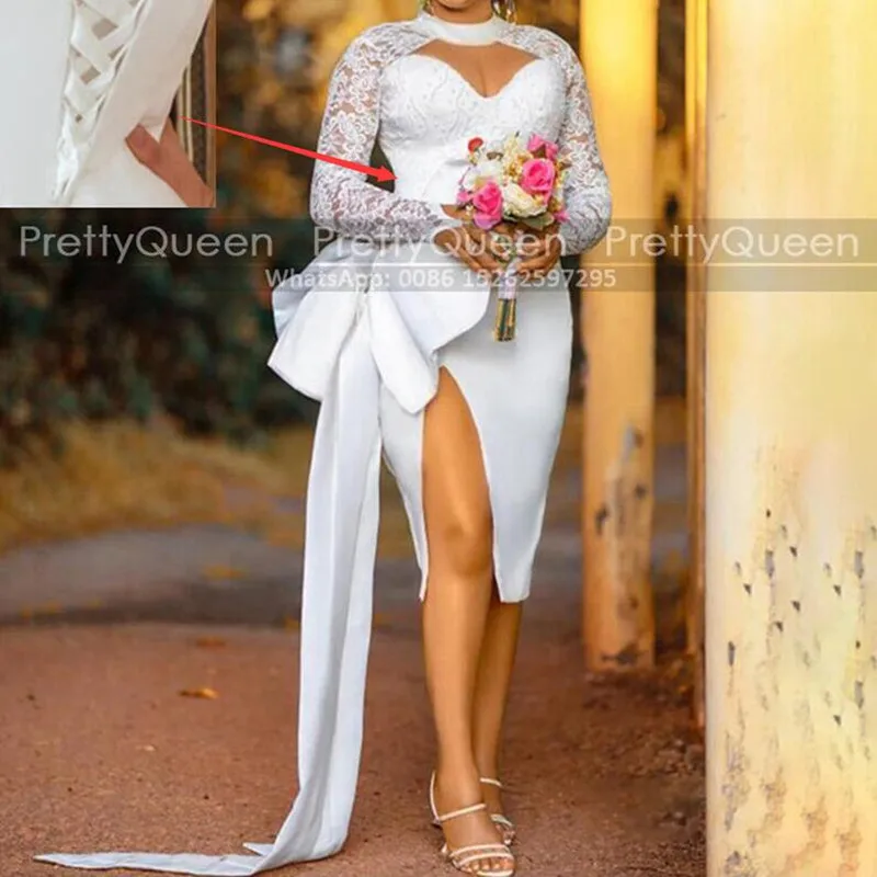 High Slit Sheer Lace Short Wedding Dress With Long Sleeves Knee Length Customized Waistline Cap Sheath Bridal Party Dresses