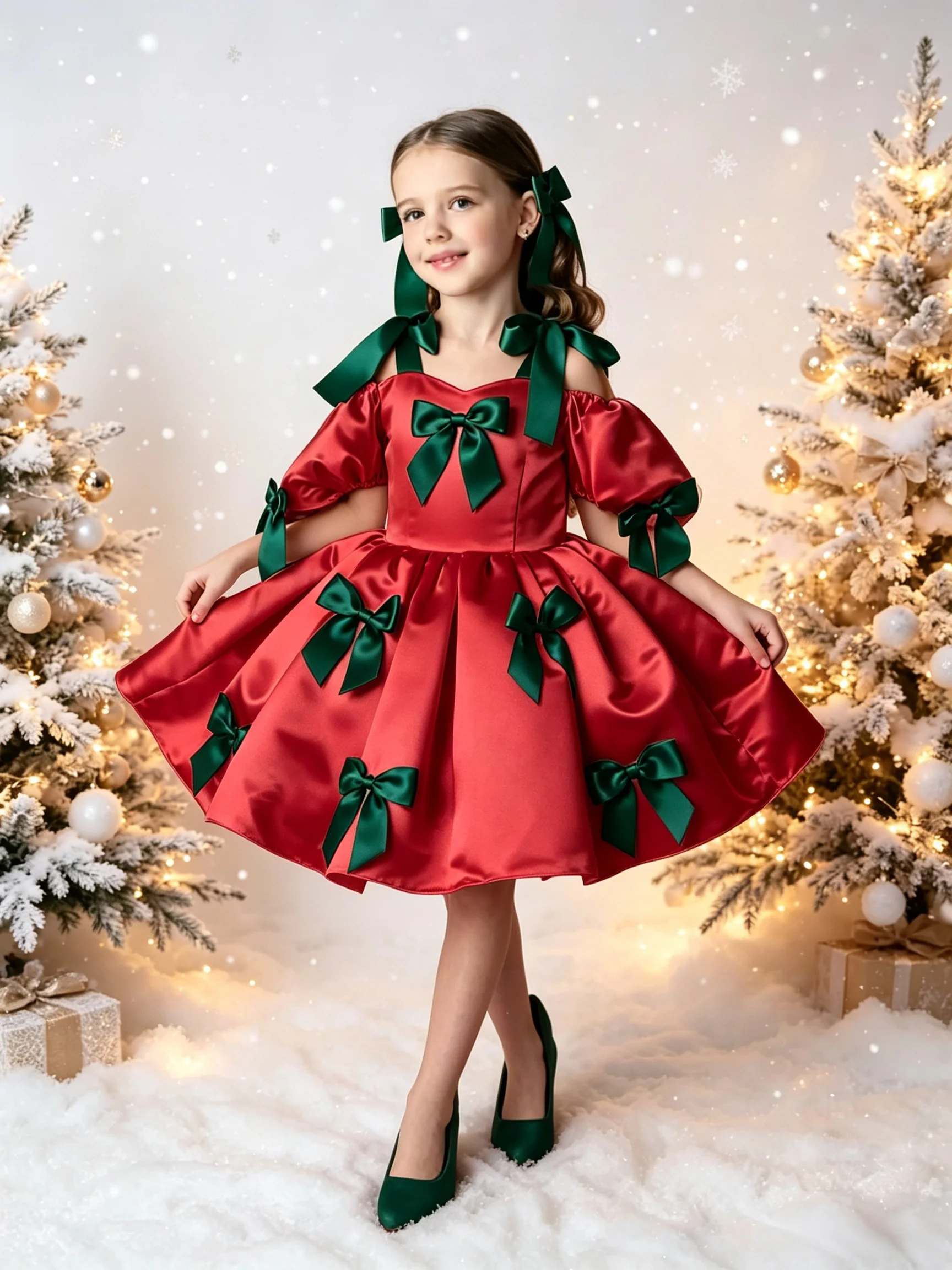 Customized Girl Christmas Satin Dress Off Shoulder Puff Sleeve Bow Decoration Kids Princess Party Gown Holiday Birthday Costume