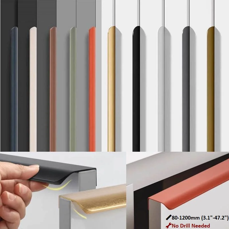 80mm-1200mm Verdeckte Aluminium-Schrankgriffe, Gebogene Kantengeschweißte Stangengriffe in 10 Farben, Ohne Bohren für Schrank Küchenschublade