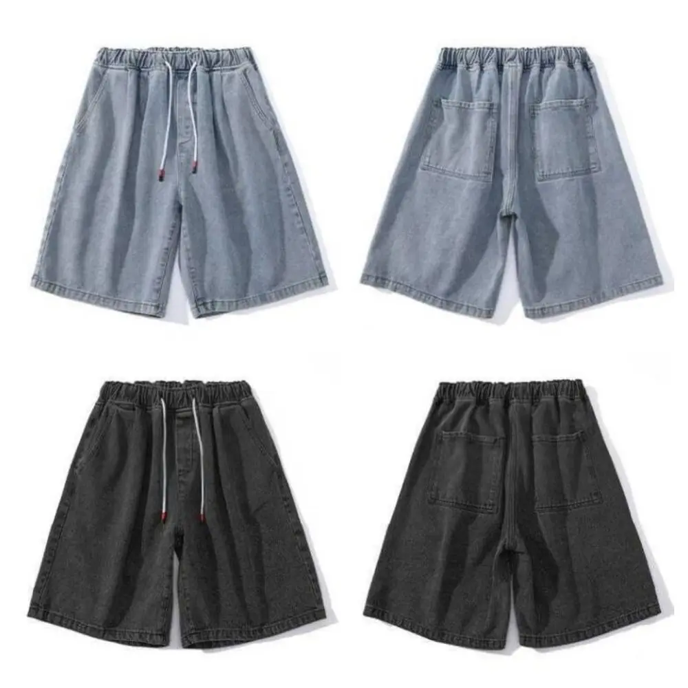 Cozy Drawstring Denim Shorts Men Loose High Waist Baggy Short Jeans Trousers Wide Leg Denim Knee Length Pants College