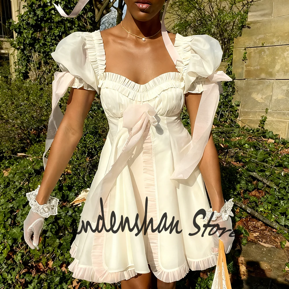 

Sweet Lolita Style Women Birthday Party Mini Dress Vintage Short Puff Sleeve White Quinceanera Gown with Pink Ribbons
