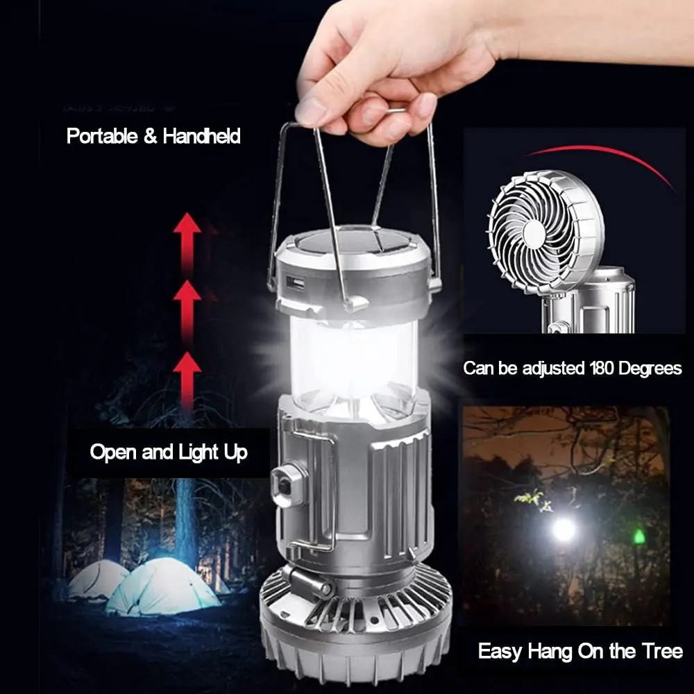 LED Solar Camping Lights Portable Hand Lamp With Foldable Electric Fan Rechargeable Multifunction Lamp Flashlight Power Bank